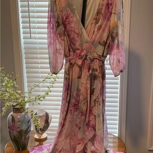 Floral Wrap Look hi low Dress in Pink and Cream